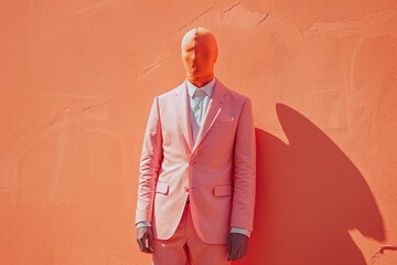 Abstract Orange-Clad Person with Mask Standing Against Coordinated Orange Wall