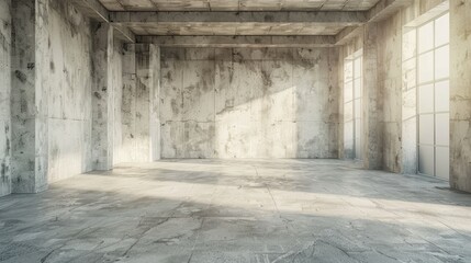 Fototapeta premium Sunlit Industrial Concrete Empty Interior with Large Windows and Raw Wall Texture