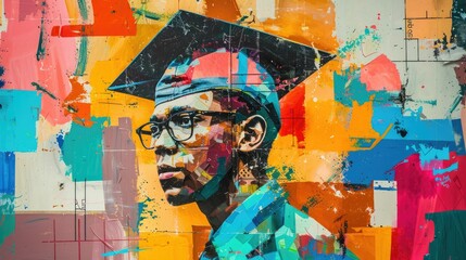 Abstract Colorful Portrait of Graduate in Cap Highlighting Education and Achievement