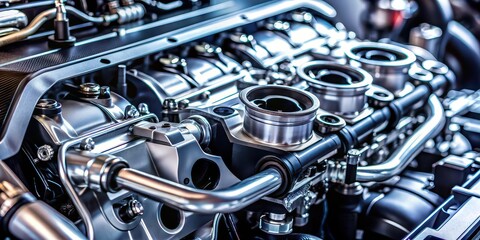 Fototapeta premium Closeup of a car engine head, car, automobile, mechanic, metal, technology, machine, vehicle, closeup