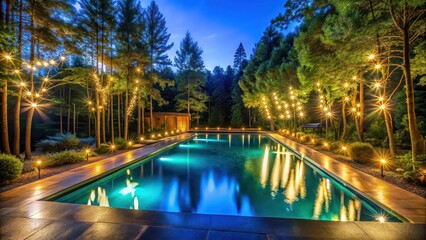 Naklejka premium Pool with glowing lights surrounded by tall trees at night, night, pool, glowing lights, trees, reflection, dark, tranquil