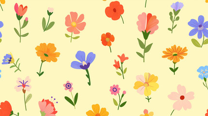 Various tiny spring flowers clipart collection pattern, minimal abstract illustration style , super fresh fluorescent vibrant color palette