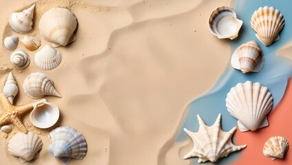 Copy space Summer Vacation Concept - Sandy Beaches, Waves, Seashells, and Palm Trees Frame Border
