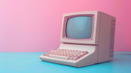 Vintage Pink Computer on Blue and Pink Background - Retro Technology Aesthetic