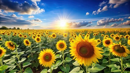 Fototapeta premium Vibrant sunflower field under a clear sky with golden petals glowing in the sunlight, sunflower, field, sky, vibrant, golden