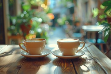 Morning Coffee Cups on Wooden Table in Outdoor Cafe with Blurred Background