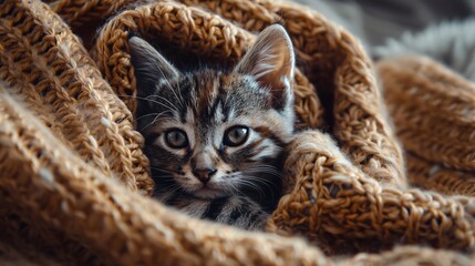Ultra-sharp photograph of a cute kitten wrapped in a warm blanket, looking snug and adorable