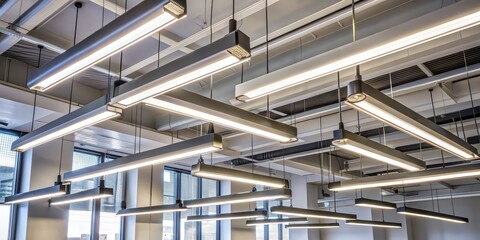 Tube lights hanging from ceiling in office, fluorescent, illumination, fixture, bright, office, workspace