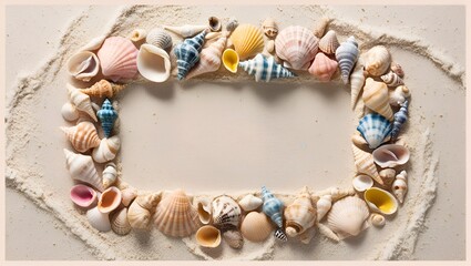 Copy space Summer Vacation Concept - Sandy Beaches, Waves, Seashells, and Palm Trees Frame Border
