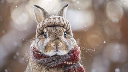 Fototapeta premium Clear and precise photograph of a rabbit in a tiny hat and scarf, looking cute and warm