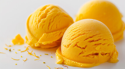 Modern saffron ice cream, a closeup view of modern saffron ice cream, its unique color and exotic flavor profile showcased against a white background