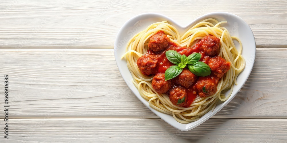 Poster Pasta with meatballs, tomato sauce, and basil leaves arranged in a heart shape on a white plate, Italian cuisine