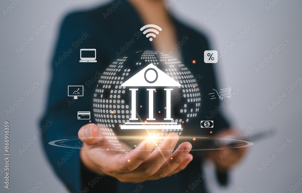 Poster online banking concept. businessman using smart phone with virtual screen of online banking digital 