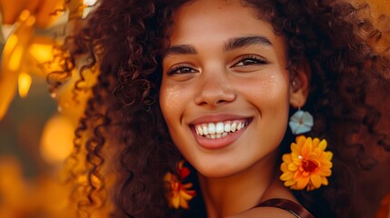 Naklejka premium Outdoor close up portrait of young beautiful happy smiling woman with long curly hair wearing stylish coat, turtleneck, flower earrings, posing in autumn street. Copy, empty space for text. 