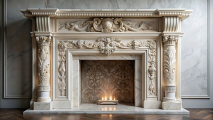 Fototapeta premium Marble fireplace with elegant carvings and intricate designs, luxury, interior design, home decor, architecture, classic, elegant