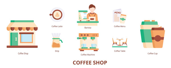Coffee Shop Flat Banner Web Icon Set Vector Illustration, Coffee Shop Coffee Table Coffee Machine Coffee Menu Coffee Cup Barista Drip Coffee Late