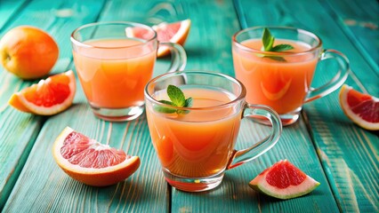 Freshly squeezed grapefruit juice in glass mugs.
