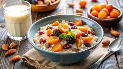 Healthy breakfast bowl with fresh fruit and nuts.