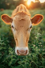 A close-up of a cow's face. AI.