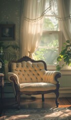 Obraz premium An elegant vintage armchair sits in a sunlit living room. AI.