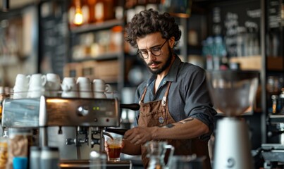 A barista makes coffee with an espresso machine. AI.