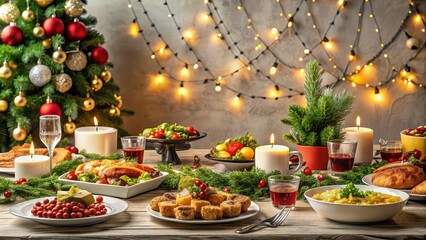 Fototapeta premium Festively served holiday table with a variety of dishes, Christmas, Thanksgiving, food, celebration, festive, dining