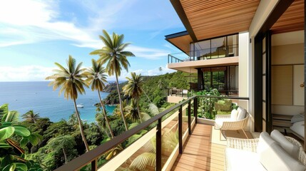 Fototapeta premium A beautiful view of the ocean from a tropical balcony. AI.