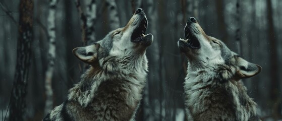 Two wolves howling in the forest. AI.