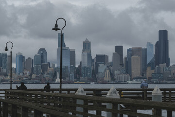 Breathtaking panoramic view onto Seattle skyline downtown highrise scenery with harbor port...
