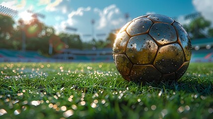 Fototapeta premium A Perfectly Placed Soccer Ball Sits on Vibrant Green Turf, Captured From a Bold Low Angle.