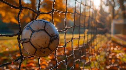 Sunset scene with a soccer ball hitting the goal net, generated by AI.
