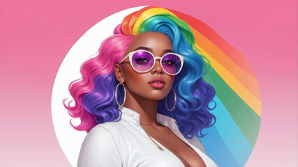 A woman with rainbow hair and sunglasses is the main focus of the image