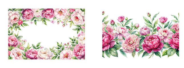 Blossoming Peonies: Watercolor Border Pattern for Floral Decor on a transparent background.