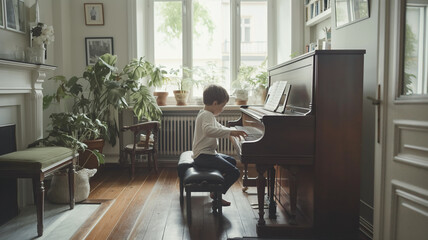 Fototapeta premium Peaceful Child Playing Piano Scene 