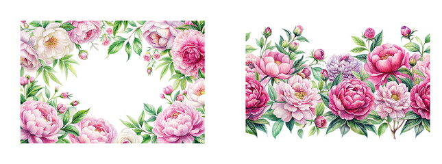 Blossoming Peonies: Watercolor Border Pattern for Floral Decor on a transparent background.