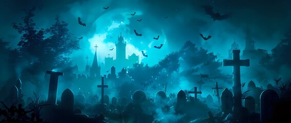 Fototapeta premium Spooky Halloween night background with graveyard, haunted house, and bats silhouetted against a full moon. Concept of horror, mystery, and the supernatural.