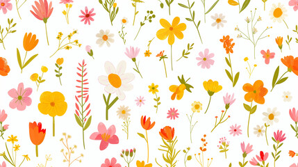 Fototapeta premium Various tiny spring flowers clipart collection pattern, minimal abstract illustration style , super fresh fluorescent vibrant color palette