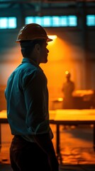 A construction worker in a hard hat stands in a factory, bathed in warm light.  He looks intently at something in the distance.