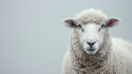 Obraz premium Close-up Portrait of a Sheep Against a Gray Sky