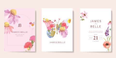 Elegant wedding invitation card background vector. Minimal hand painted watercolor botanical flowers texture template background. Design illustration for wedding, vip cover, poster, rsvp modern card.