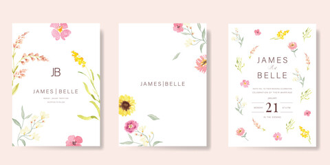 Elegant wedding invitation card background vector. Minimal hand painted watercolor botanical flowers texture template background. Design illustration for wedding, vip cover, poster, rsvp modern card.