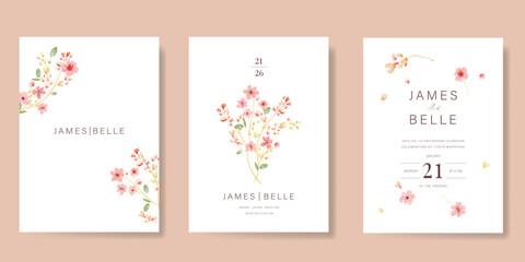 Elegant wedding invitation card background vector. Minimal hand painted watercolor botanical flowers texture template background. Design illustration for wedding, vip cover, poster, rsvp modern card.