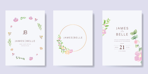 Naklejka premium Elegant wedding invitation card background vector. Minimal hand painted watercolor botanical flowers texture template background. Design illustration for wedding, vip cover, poster, rsvp modern card.