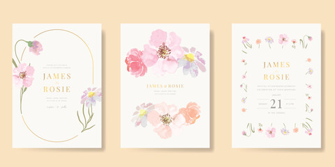 Elegant wedding invitation card background vector. Minimal hand painted watercolor botanical flowers texture template background. Design illustration for wedding, vip cover, poster, rsvp modern card.