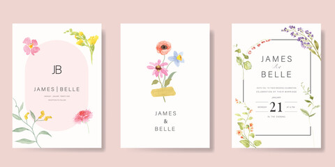 Elegant wedding invitation card background vector. Minimal hand painted watercolor botanical flowers texture template background. Design illustration for wedding, vip cover, poster, rsvp modern card.