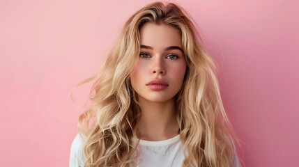 Naklejka premium Beautiful young blonde woman posing isolated over pink wall background. 