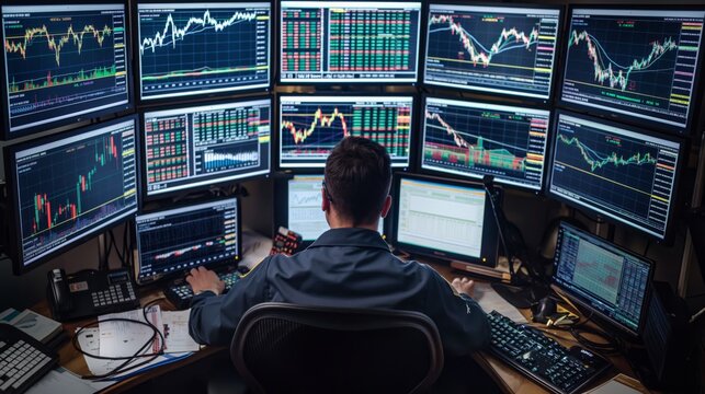 Day trader at workstation with multiple screens displaying financial charts and market data in a modern office.