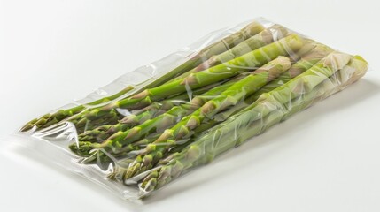 Fresh asparagus vacuum sealed rady for sous vide cooking, isolated on white background, top view.