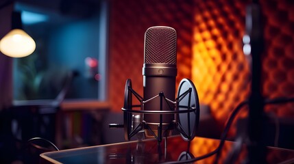 Studio microphone and pop shield on mic in the empty recording studio with copy space. Performance and show in the music business equipment

