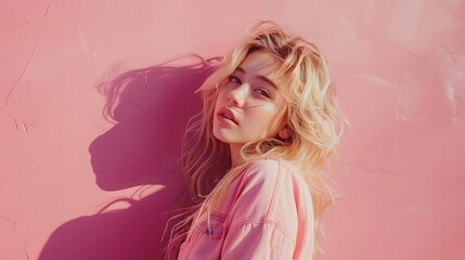 Beautiful young blonde woman posing isolated over pink wall background. 